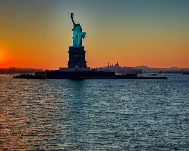 Prompt: 4 k hd, high resolution photograph of statue of liberty at sunrise, shot with sigma f / 4. 2, 2 5 0 mm sharp lens, wide shot, volumetric lighting, high level texture render