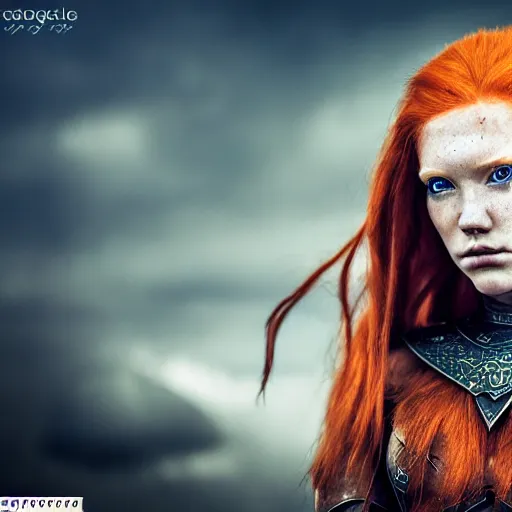 Image similar to north female warrior, red hair, ginger hair, fantasy, high detailed, photography, cloudy, lightweight armor, Scandinavia, plain, Authentic, detailed face, cute face, model, glowing skin, blue eyes, professional photographer, masterpiece, 8k, 3D