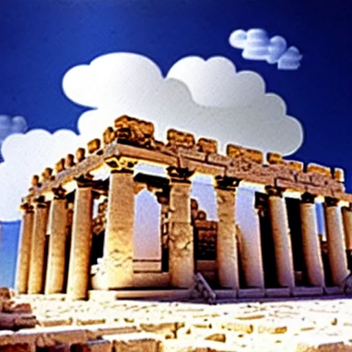 Image similar to clouds shaped like the second temple in jerusalem, the beis hamikdash surrealism