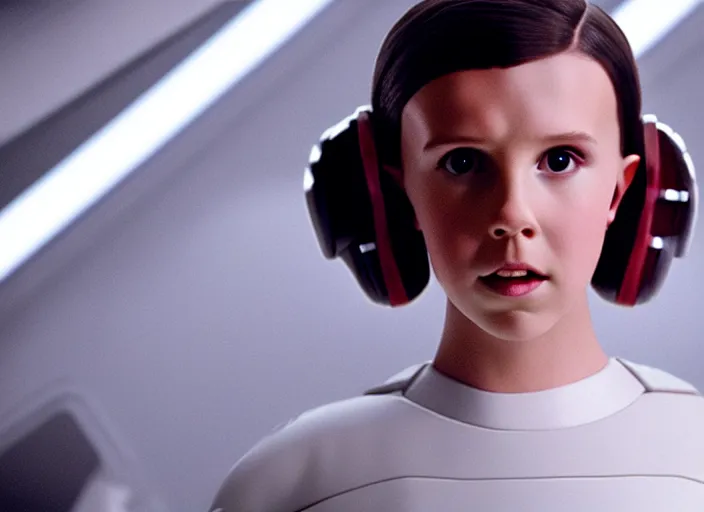 Prompt: film still of!!!! millie bobby brown!!! as princess leia in a white dress in star wars movie, closeup portrait, exploring interior of a spaceship, glamour pose, dramatic lighting, octane, mist, volumetric lighting, 8 k