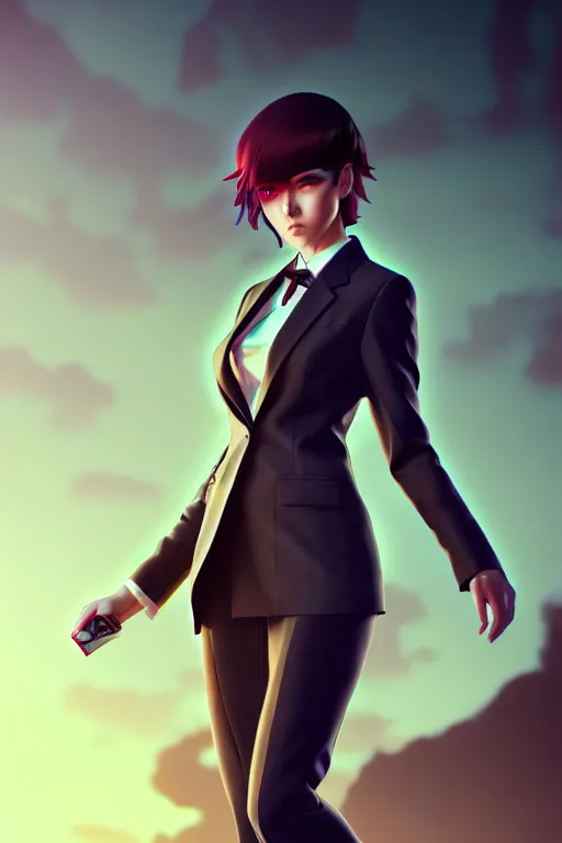 Image similar to a woman in a suit on a beautiful night inspired by ross tran and wlop and masamune shirow and kuvshinov, concept art, intricate, photorealistic, octane render, rtx, hdr, unreal engine, dnd digital art by artgerm