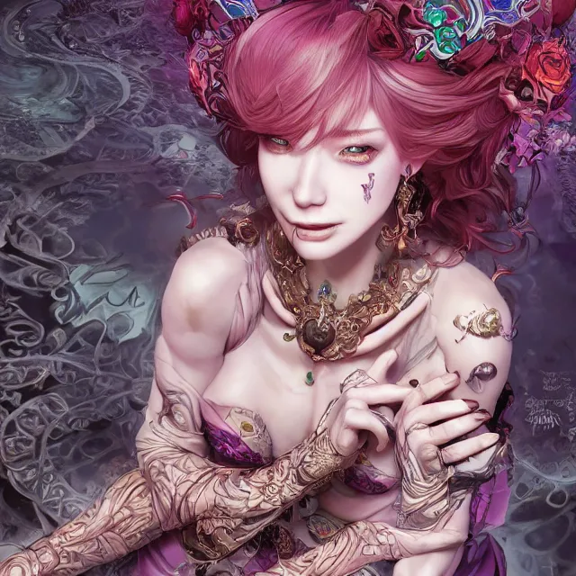 Prompt: the portrait of chaotic evil fallen sensual female necromancer overlord as absurdly beautiful, gorgeous, elegant young idol, an ultrafine hyperdetailed illustration by kim jung gi, irakli nadar, intricate linework, bright colors, octopath traveler, final fantasy, unreal engine 5 highly rendered, global illumination, radiant light, detailed and intricate environment