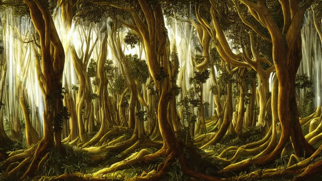 Image similar to A Sandro Botticelli oil painting of a hauntingly beautiful elven forest in the morning; rays of light coming through the canopy; trending on artstation; extraordinary masterpiece!!!!!!; 8k