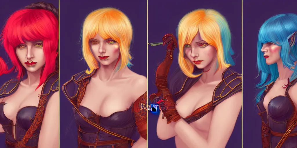 Image similar to triptych of youthful female feminine horned tiefling female bard with long bob cut blue hairstyle, her skin is tangerine, she has immaculate skin and pure black eyes and is wearing colorful leather armor by rossdraws,