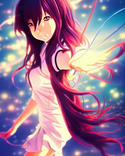 Image similar to anime style, vivid, expressive, full body, 4 k, painting, a cute magical girl with a long wavy black hair, stunning, realistic light and shadow effects, centered, simple background, studio ghibly makoto shinkai yuji yamaguchi