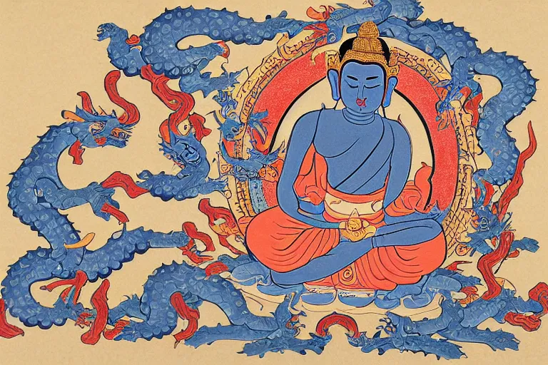 Prompt: buddhist art style illustration of a blue god with 4 hands, flames, water, flowers, dragons, skeletons