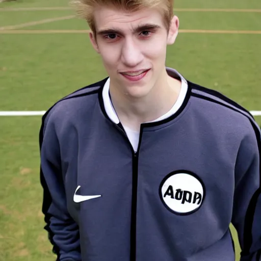 Prompt: an close - up photo of an american 2 0 yo man wearing a white shirt and black tracksuit, blonde hair, hazel eyes, small blond goatee, biggish nose, 1 7 0 lbs