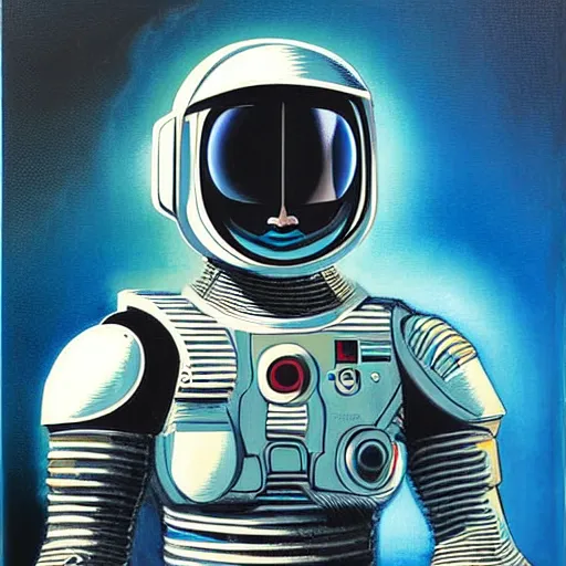 Image similar to futurist cyborg knight, perfect future, award winning art by alan bean, sharp color palette