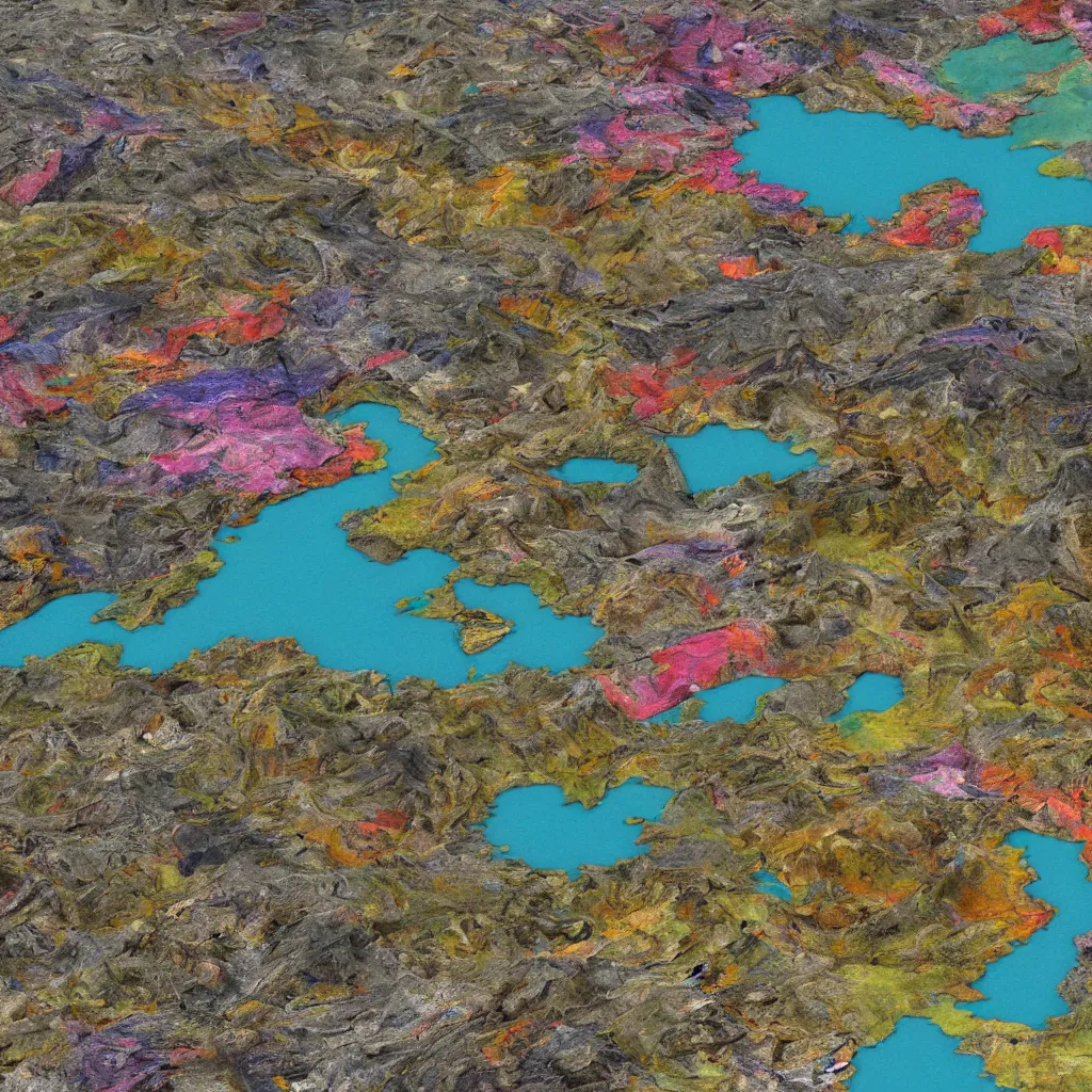 Prompt: a landscape taken from high resolution advanced satellite, full of colors and rich in details, erosions, inlets, lakes, craks, slides, evident three-dimensional fetures, filled with a network of destroyed roads of different colors, vibrant iridescent, half of the landscape is in wireframe, sky is not visible, 4K, 8K, Octane Render, state of the art, hyperrealistic lighting, palette is black violet gray red