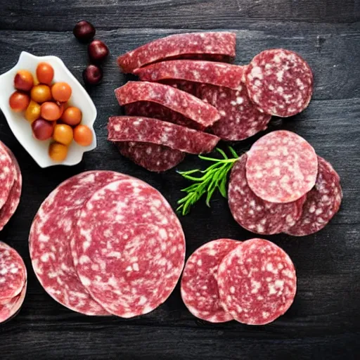 Image similar to Different types of salami on wooden board on black wooden table