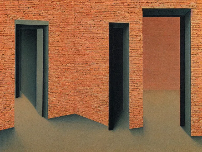 Prompt: an open door to nothingness in brick wall, painting by rene magritte, high detail, high resolution