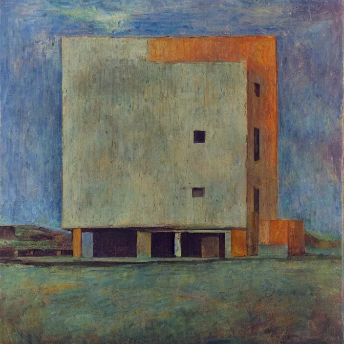 Image similar to a building in a serene landscape, expressionism