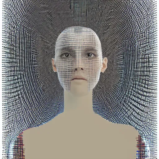 Image similar to portrait of a woman inspired by data - driven art, three dimensional, generative, self - confidence, electrons, coding, particle waves, spirals