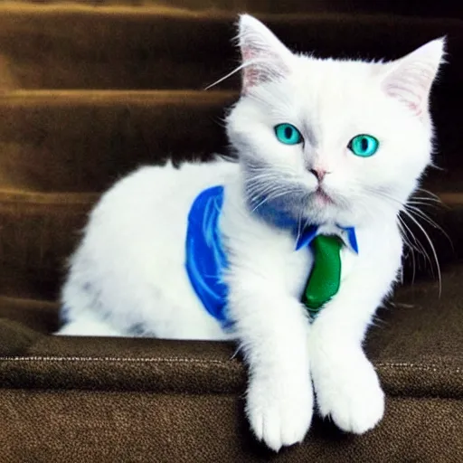 Prompt: fluffy white cate with green and blue eyes wearing a suit and tie