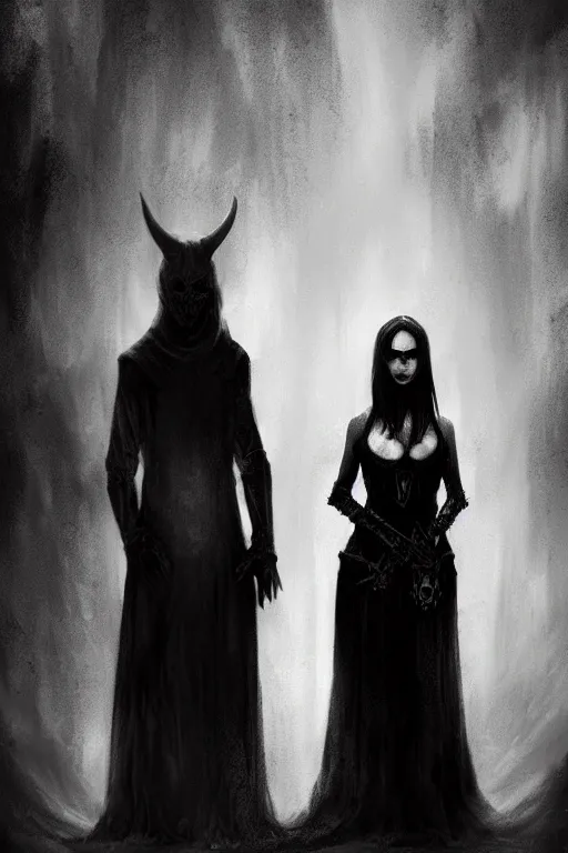 Image similar to a black and white photo of a demon standing behind a woman, concept art by Þórarinn B. Þorláksson and Anato Finnstark, deviantart, gothic art, hellish, wiccan, macabre, demonic photograph
