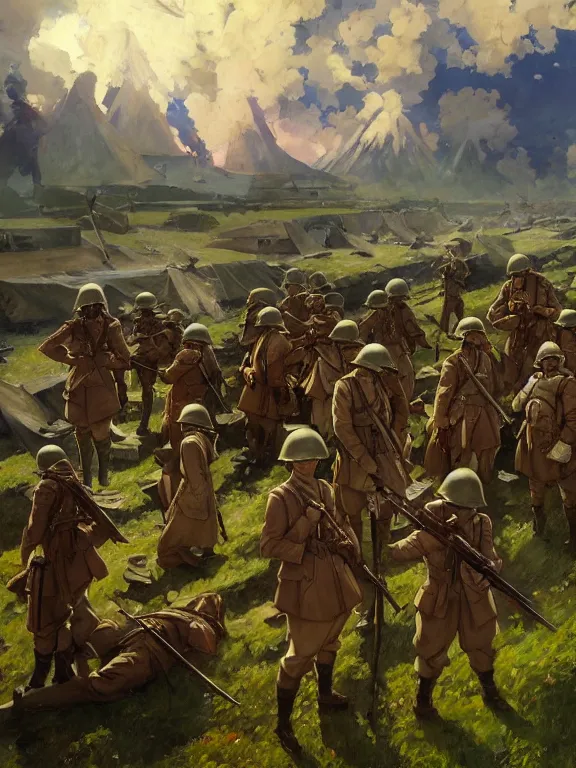 Prompt: classical oil painting of anime key visual environment concept art of the 1 9 1 8 great war in a battlefield, anime maid soldiers, japanese maids, trending on artstation, brush strokes, oil, canvas, style of kawacy makoto shinkai jamie wyeth james gilleard edward hopper greg rutkowski, preserved historical