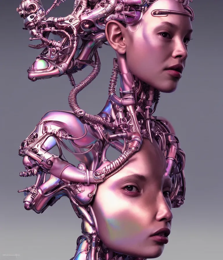 Prompt: iridescent portrait of a beautiful princess in robe. hard surface modelling. cyberpunk look. biomechanical mask. bio luminescent biomechanical halo around head. artwork by jarold Sng by artgerm, by Eddie Mendoza, by Peter mohrbacher by tooth wu, unreal engine, octane render, cinematic light, high details, iridescent colors, dichroic, macro, 4l