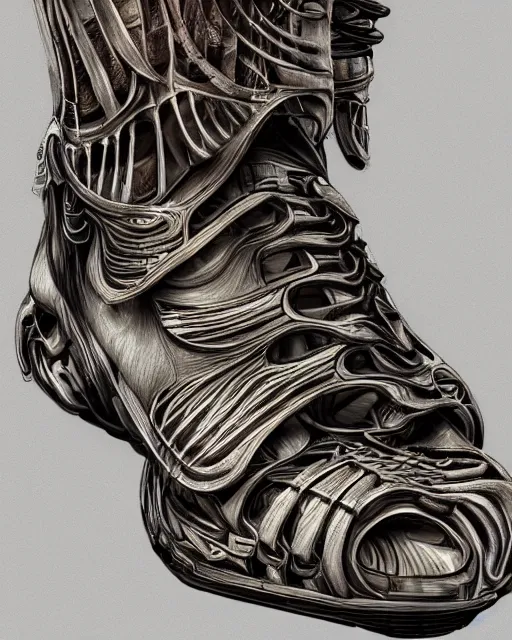 Prompt: shoes design by frank franzetta, biomechanical, 4 k, hyper detailed