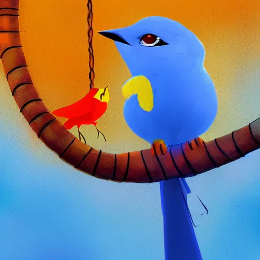 Image similar to a beautiful adorable fantasy whimsical matte digital storybook painting of a blue bird a red bird and a yellow bird on a wire, bright blue sky, Disney concept art, trending on artstation hq, contest winner