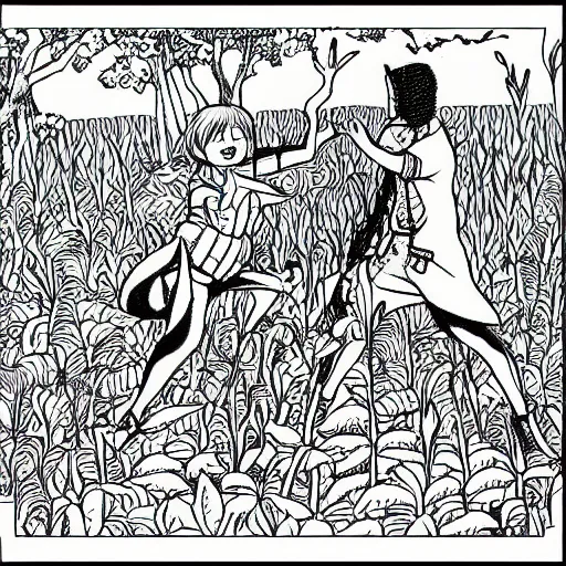 Image similar to a coloring book illustration of a fight in a garden style of junji ito