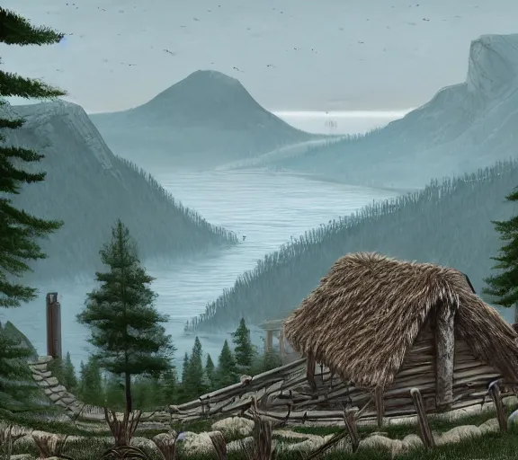 Image similar to a viking village in December, overlooking a horseshoe bay. Smokey morning and pine forest. Trending on artstation. By John Avon.