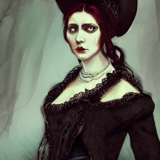 Prompt: head and shoulder professional portrait of a victorian female vampire, painted in the style of bloodborne, interesting color use, vampire fashion, highly detailed, melancholy, vampire teeth