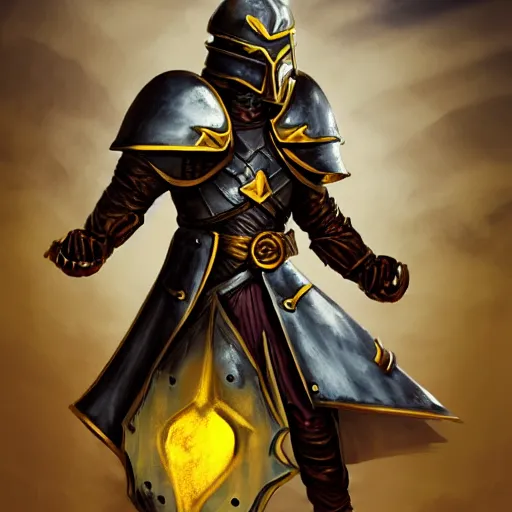 Image similar to animated armor with a helmet face and a sun emblem on his chest, wide shot photo, style of magic the gathering, dungeons and dragons, fantasy, intimidating