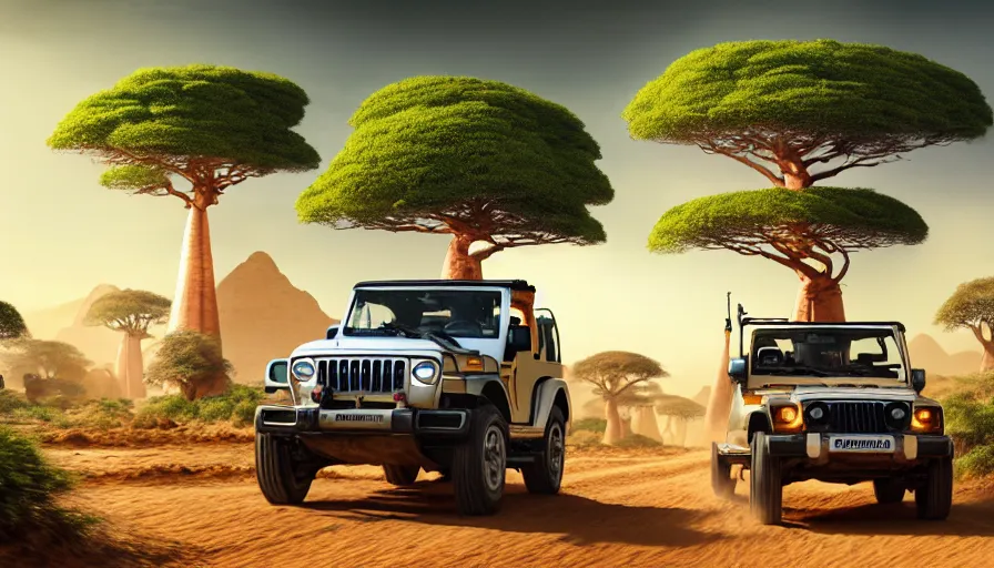 Image similar to mahindra thar driving through madagascar with baobabs trees, tribe members chasing for an attach, action scene, an epic fantasy, artgerm and greg rutkowski and alphonse mucha, an epic fantasy, volumetric light, detailed, establishing shot, an epic fantasy, cinematic, photorealistic, ultrarealistic, trending on art station, octane render, midsommar