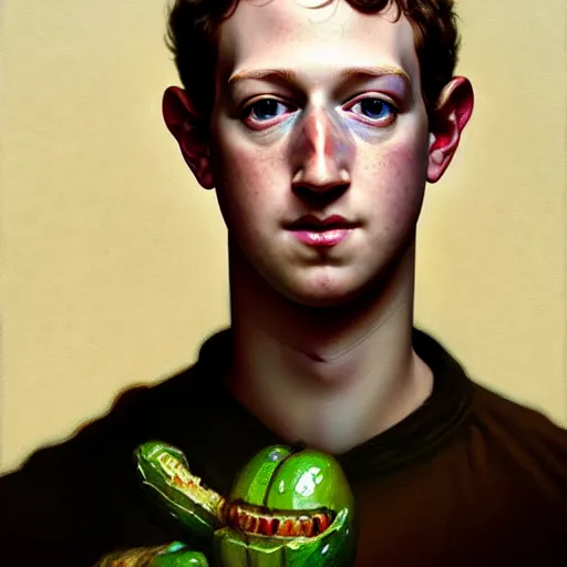 Image similar to An anthropomorphic pickle with the face of Mark Zuckerberg, intricate, highly detailed, digital painting, artstation, oppressive lighting, fashion concept art, sharp focus, illustration, art by greg rutkowski and alphonse mucha