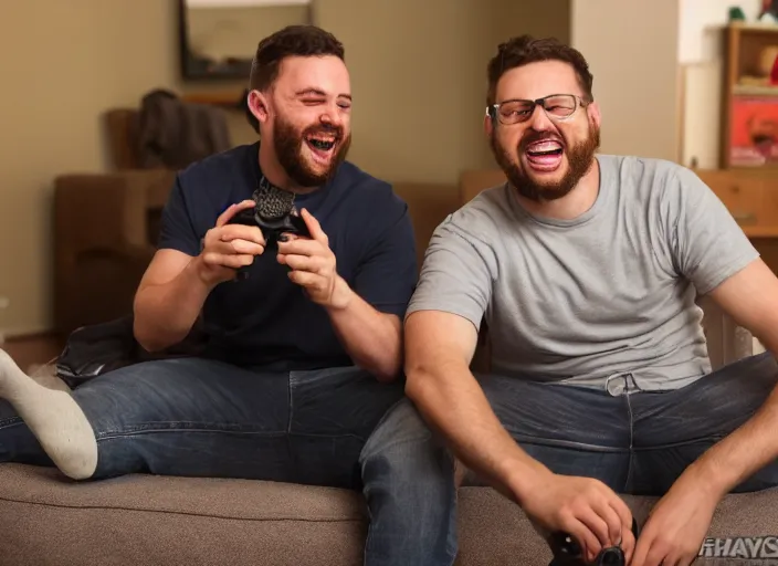 Image similar to Two buddies sitting in a room, smoking a hugh blunt and playing playstation 5, they both laugh maniacally. wideshot. 4k.