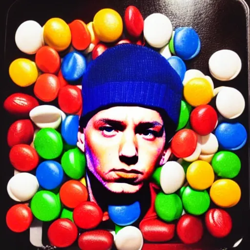 Prompt: portrait of eminem made out of m & m candy