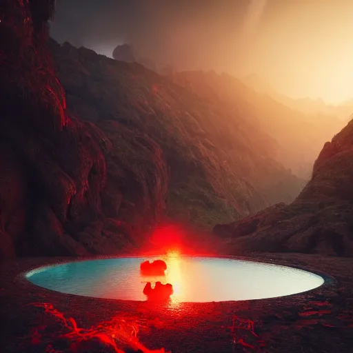 Image similar to landscape of a large Infiniti pool sitting in hell. intricate artwork by artstation. halo. octane render, cinematic, hyper realism, octane render, 8k, bokeh, demonic, dark, devil, demons, mist, red illuminating fog, rocks, hell. scheme.