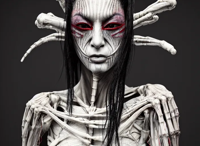 Image similar to mid shot portrait of a geisha ninja with transparent skin, visible muscle and bones and veins and nerves, david cronenberg, hyperrealism, detailed textures, photorealistic 3 d cyberpunk apocalyptic city, futuristic clothing and helmet, ultra realistic, cinematic, intricate, cinematic light, unreal engine 8 k, octane render, unreal engine by david kostic and stanley lau and artgerm