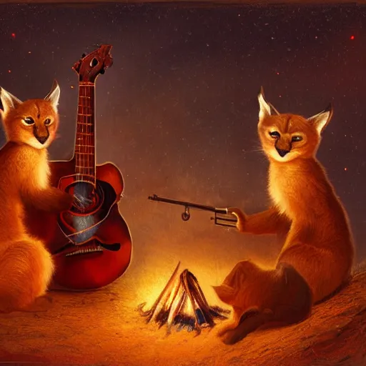 Image similar to three cute caracals wearing red ties with guitar, campfire, night, atmospheric lighting, intricate, volumetric lighting, digital art, highly detailed by gaston bussiere, craig mullins, j. c. leyendecker 8 k