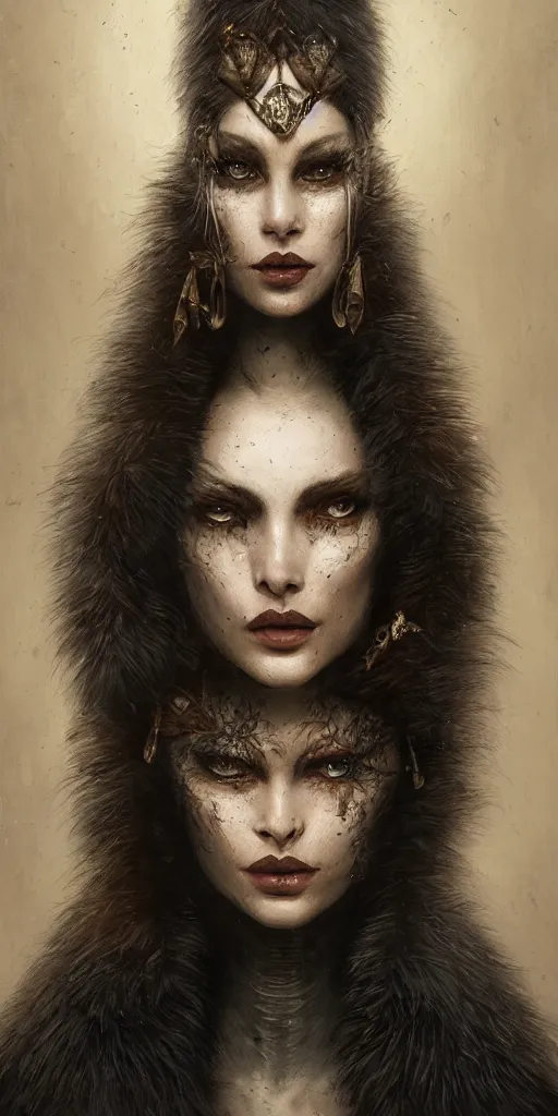 Image similar to a hardcore longshot portrait of a tall dark sombre woman wearing furs in autumn, hyperrealistic, highly detailed, intricate, sci-fi, sharp focus, trending on Artstation HQ, deviantart, unreal engine 5, 4K UHD image, in the style of Tom Bagshaw, Cedric Peyravernay, Peter Mohrbacher