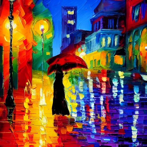 Image similar to impasto acrylic palette knife, impressionism and expressionism, strong emotional impact, bold colors, expressive brushstrokes, overall sense of movement in the composition. woman in a serene san francisco streetscape at night, trending on artstation