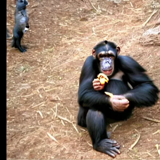 Image similar to 2 4 0 p footage, 2 0 0 6 youtube video, low quality photo, chimpanzee getting taco