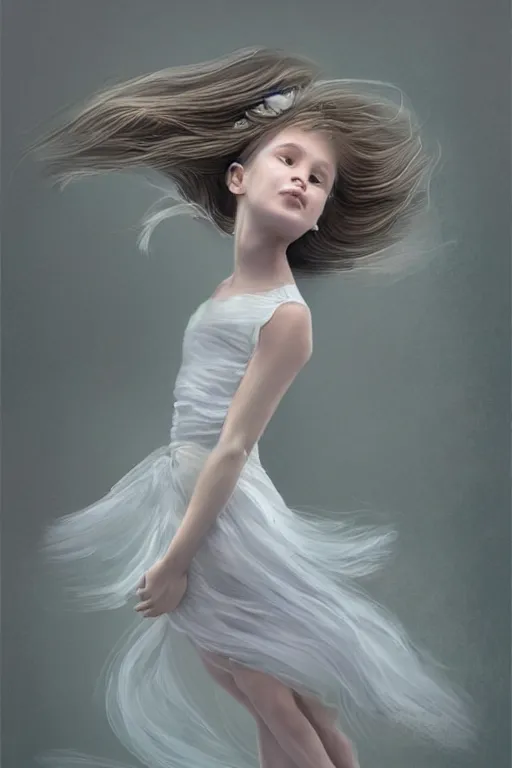 Image similar to little girl dancing in the wind, beautiful face, ethereal, bride, beautiful wedding dress, gorgeous, volumetric lighting, elegant, fluid, very highly detailed, digital painting, concept art, illustration, limited color palette, atmosphere and tension, trending on artstation