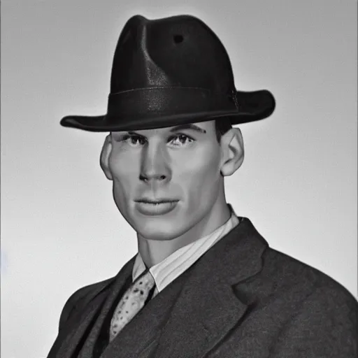 Image similar to A photograph portrait of Jerma985 wearing a suit with and fedora in the 1940s, taken in the early 1940s, grainy, taken on a 940s Kodak Camera, realistic, hyperrealistic, very realistic, highly detailed, very detailed, extremely detailed, detailed, digital art, trending on artstation