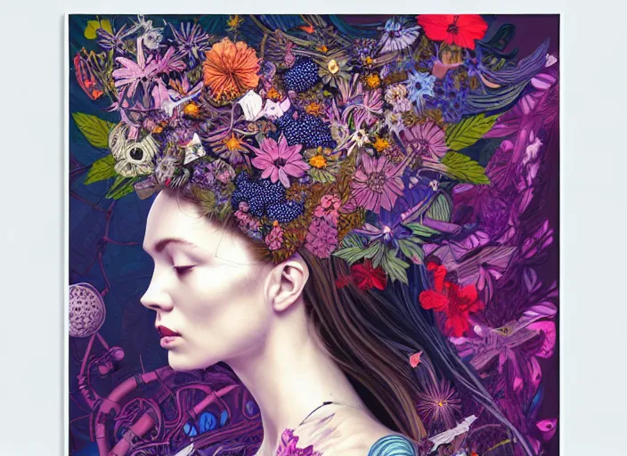 Prompt: a painting of a beautiful cyborg girl with a lot of flowers and blueberries and exotic plants on its head, poster art by android jones, behance contest winner, generative line art, made of flowers, grotesque, concert poster