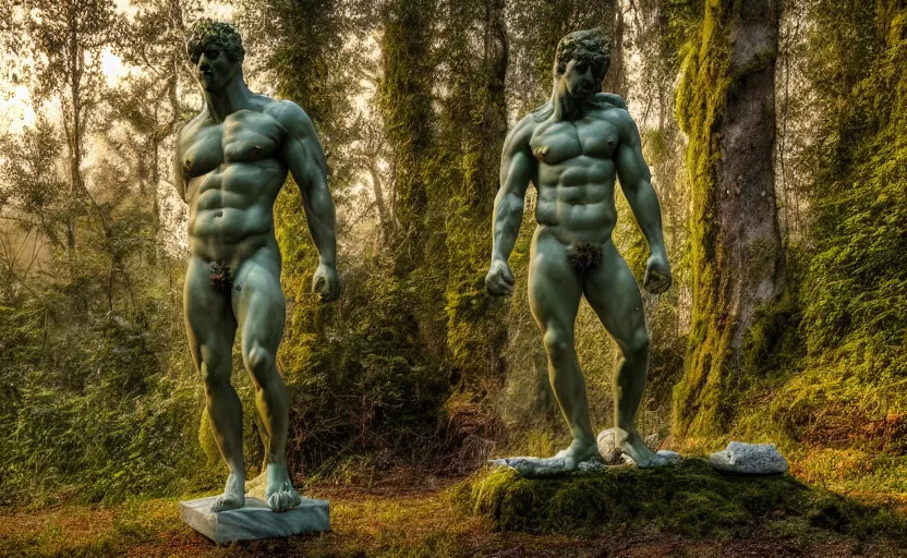 Image similar to a mossy greek marble statue of a very muscular man abandoned in the middle of a forest near a lake at sunset, concept art, godrays, complementary colors, calm, relaxing, beautiful landscape, highly detailed, high quality, 4k HDR, path tracing, serene landscape, high coherence, soft lighting