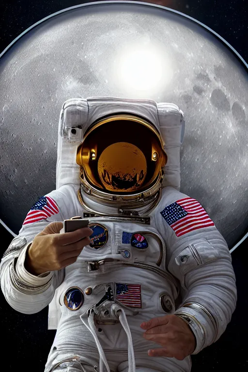 Prompt: historical portrait of space astronaut taking a selfie, holds a smart phone in one hand, phone!! held up to visor, reflection of phone in visor, moon, extreme close shot, soft light, golden glow, award winning photo by michal karcz and yoshitaka amano