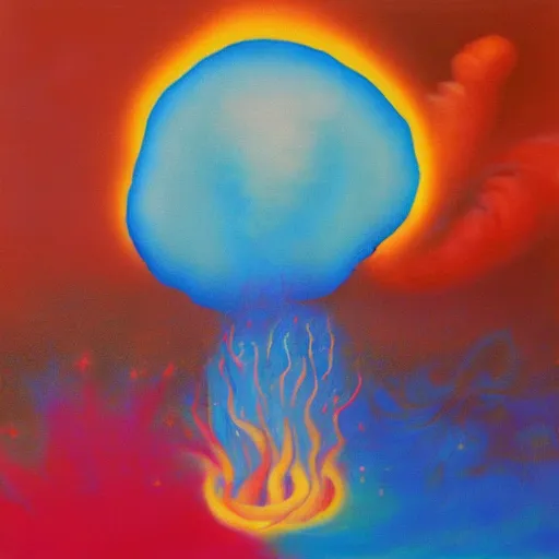 Image similar to 8 0 s new age album cover depicting a mushroom cloud in the shape of guy fieri, very peaceful mood, oil on canvas by georgia o'keefe