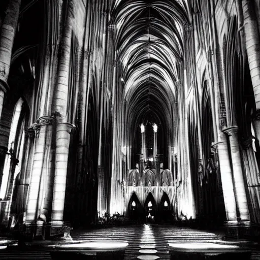 Prompt: A dark cathedral made up of red sandstone lit up by a torches. In the middle of the cathedral is a bonfire surrounded by cultists in red hoods. Their backs facing towards the camera. Dream like.