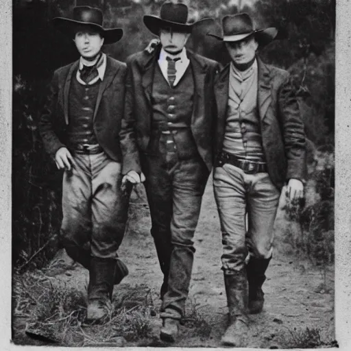 Prompt: a platinotype photo of three men from the old west going to an old burial ground to exhume it from a terrorizing creature which is terrorizing a tribe