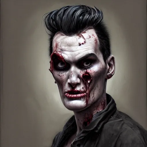 Image similar to portrait of a slim and young steven patrick morrissey as a zombie with a quiff, 7 days to die zombie, fine art, award winning, intricate, elegant, sharp focus, cinematic lighting, digital painting, 8 k concept art, art by z. w. gu, art by brom, art by michael hussar, 8 k