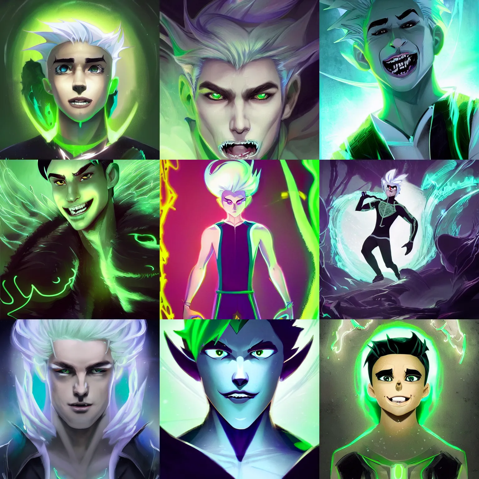 Prompt: A digital matte intricate illustration concept art of King Danny Phantom with snow white hair and glowing green eyes, pointy sharp teeth fangs alt art fashion inspired art by Charlie Bowater and WLOP and Mark Arian and Ross Tran + neon colors, symmetry , intricate complexity, epic composition, magical atmosphere, highly detailed, cinematic lighting + masterpiece, trending on artstation + 8k