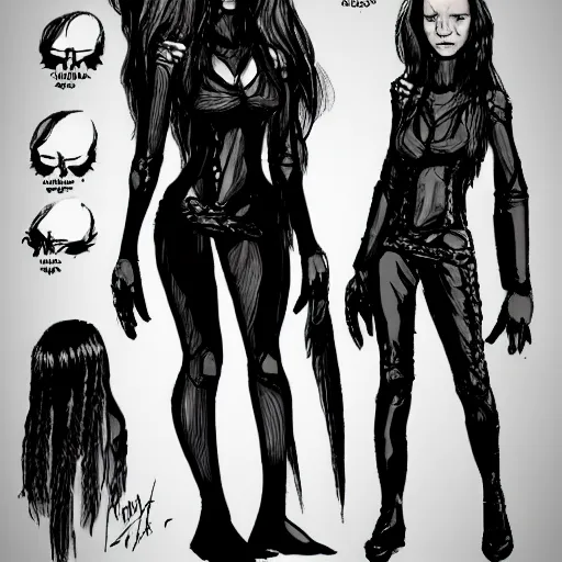 Prompt: character model sheet inspired by the Sandman Comic books, a character with long hair and dark clothing, black nails by MC Esther and Godmachine