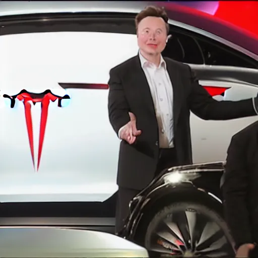 Prompt: a beautiful roman mosaic of elon musk unveiling a new tesla car