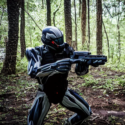 Image similar to close up Crysis Nanosuit shooting at enemies in a devastated burning exploding jungle combat photography 2022, Canon EOS R3, f/1.4, ISO 200, 1/160s, 8K, RAW, unedited, in-frame,